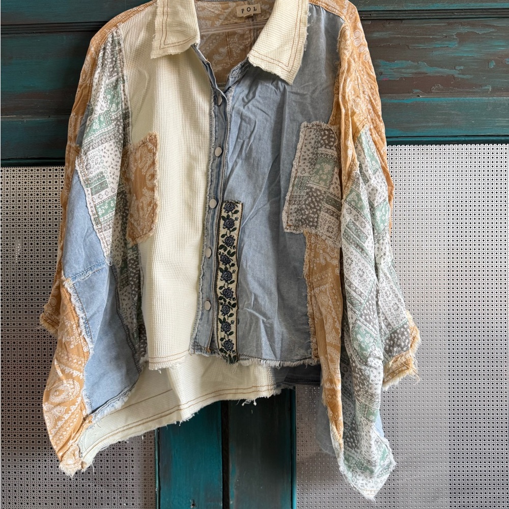 Patchwork Button Down Shirt - Blue And Tan - image 4